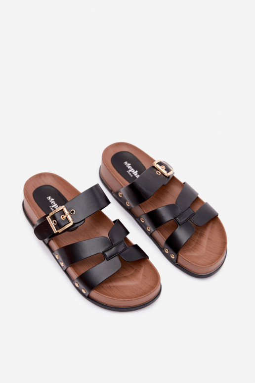 Moteriškos šlepetės iš dirbtinės odos su sagtimis juodos spalvos Cambria