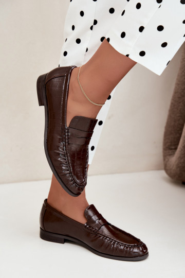 moteriški mokasinai su raukiniais ir įspaudu šokolado spalvos Dalmy