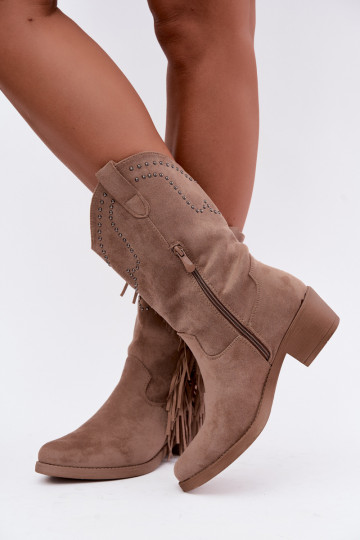 Kaubojiško stiliaus moteriški aulinukai su kutais ir puošmenomis smėlio spalvos Perlia 2