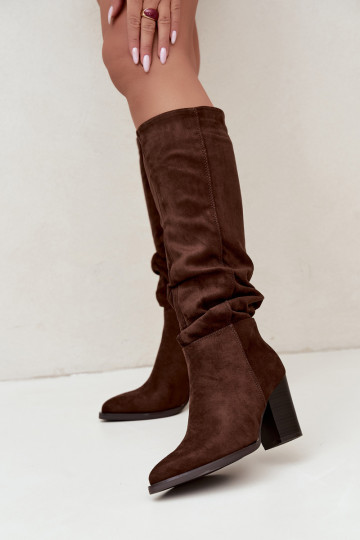 moteriški ilgaauliai batai su kulniukais su riesta viršutine dalimi rudos spalvos Ismera 2