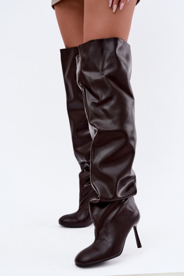 moteriški ilgaauliai batai su plonais kulniukais virš kelių šokolado spalvos Galena