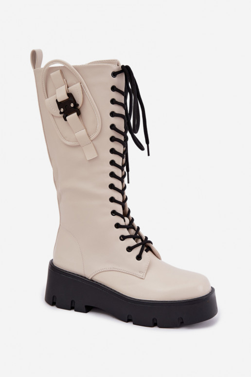 pašiltinti su raišteliais moteriški ilgaauliai batai su platforma smėlio spalvos Galvia