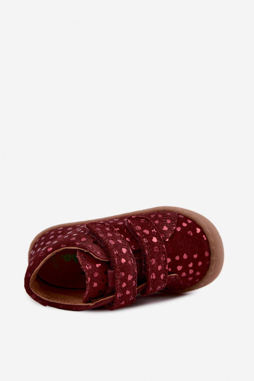 Bordo spalvos vaikiški zomšiniai batai Barefoot su širdutėmis Froddo G2130328-66