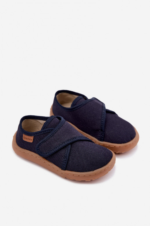 Vaikiškos šlepetės berniukams su lipniais užsegimais Barefoot Froddo G1700438 tamsiai mėlynos spalvos