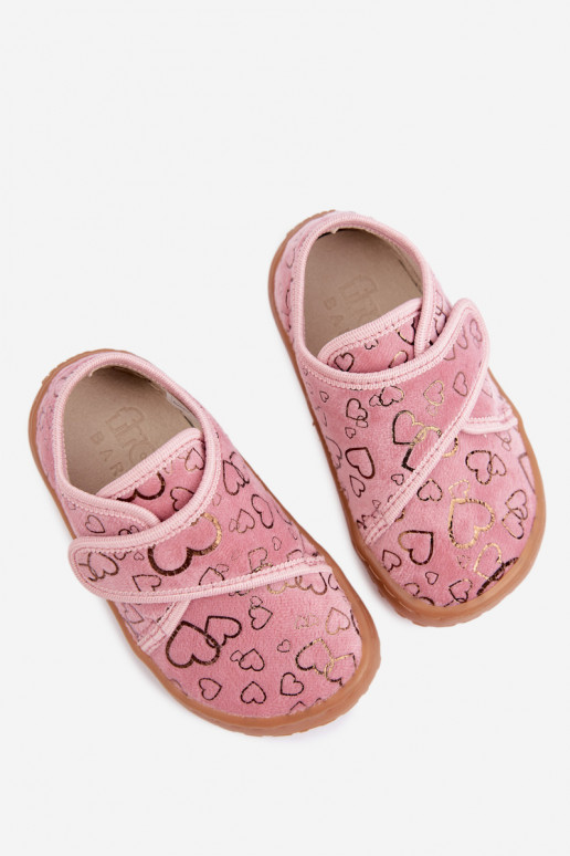 Vaikiškos šlepetės su lipniais užsegimais Barefoot Širdelės Froddo G1700438-18 rožinės spalvos