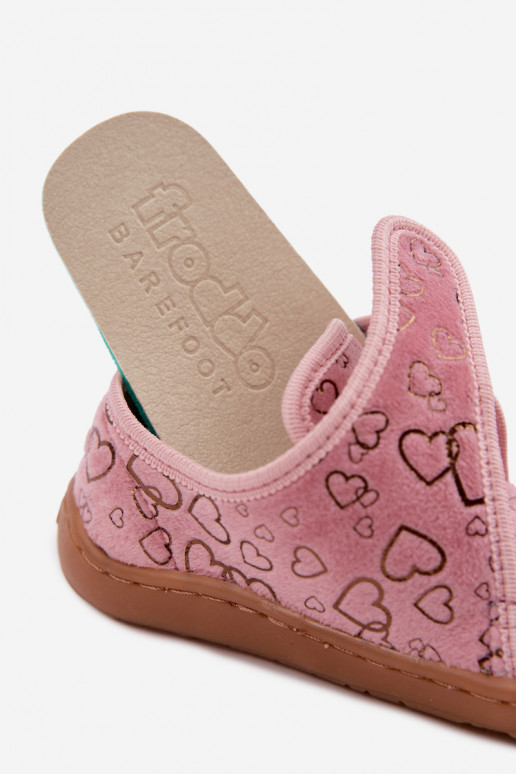 Vaikiškos šlepetės su lipniais užsegimais Barefoot Širdelės Froddo G1700438-18 rožinės spalvos