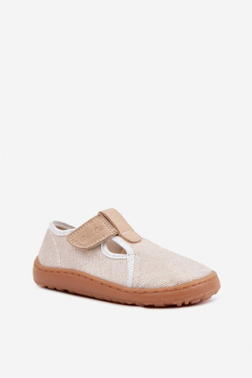 Vaikiškos šlepetės su lipniais užsegimais ir blizgesiu Barefoot Froddo Canvas G1700439-3 auksinės spalvos