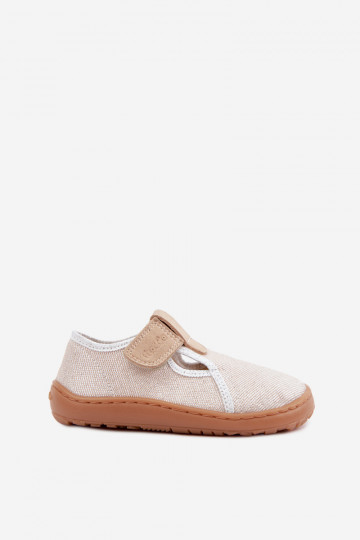 Vaikiškos šlepetės su lipniais užsegimais ir blizgesiu Barefoot Froddo Canvas G1700439-3 auksinės spalvos 2