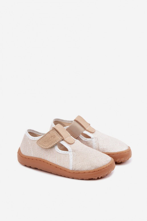 Vaikiškos šlepetės su lipniais užsegimais ir blizgesiu Barefoot Froddo Canvas G1700439-3 auksinės spalvos