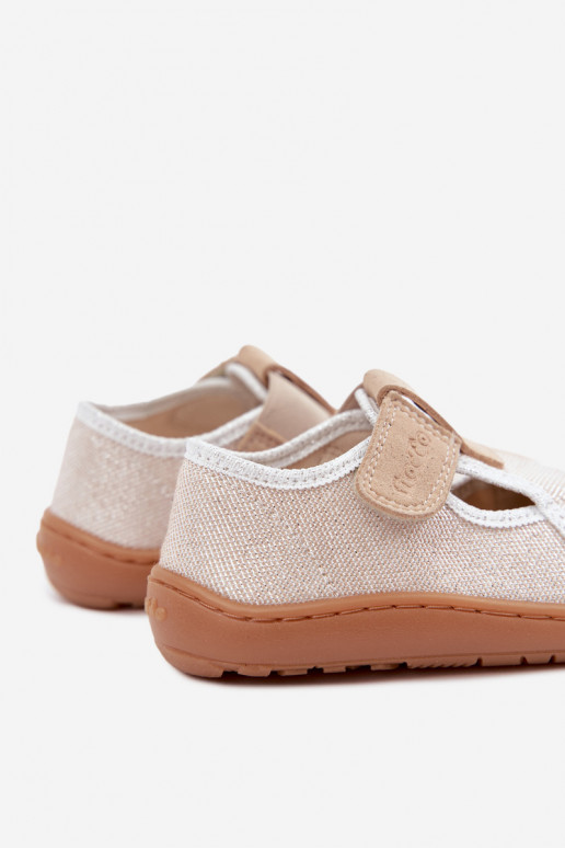 Vaikiškos šlepetės su lipniais užsegimais ir blizgesiu Barefoot Froddo Canvas G1700439-3 auksinės spalvos