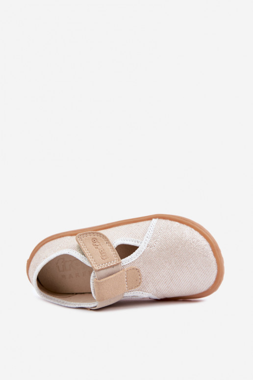 Vaikiškos šlepetės su lipniais užsegimais ir blizgesiu Barefoot Froddo Canvas G1700439-3 auksinės spalvos