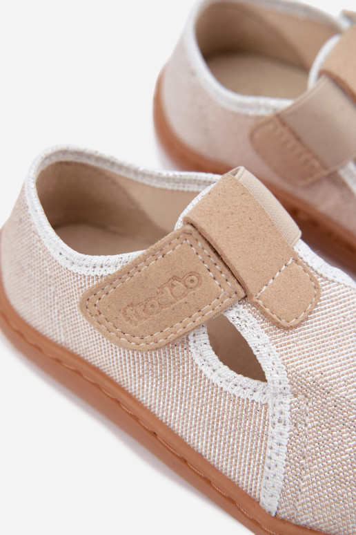 Vaikiškos šlepetės su lipniais užsegimais ir blizgesiu Barefoot Froddo Canvas G1700439-3 auksinės spalvos