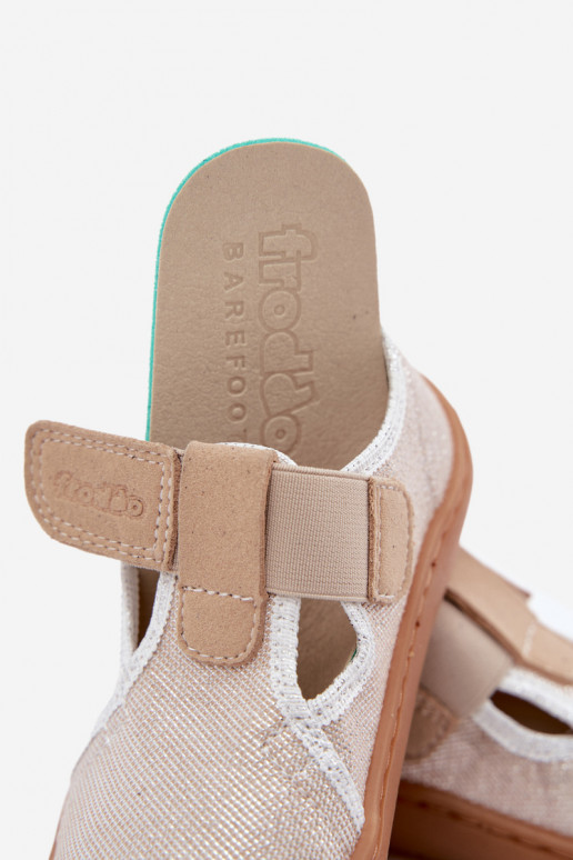 Vaikiškos šlepetės su lipniais užsegimais ir blizgesiu Barefoot Froddo Canvas G1700439-3 auksinės spalvos