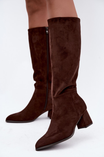 Pašiltinti moteriški ilgaauliai batai su kulniukais šokoladinės spalvos Raleya