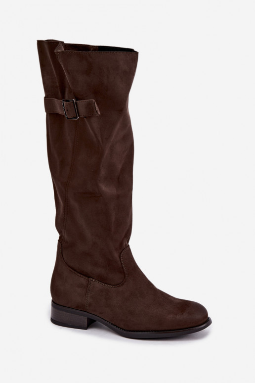 Chaki spalvos moteriški ilgaauliai batai su plačiais kulniukais ir sagtimis Farela