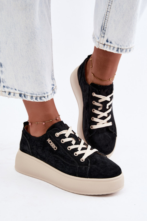 Oda iš zomšos Sneakers modelio batai su platforma Kobbo 41535 juodos spalvos