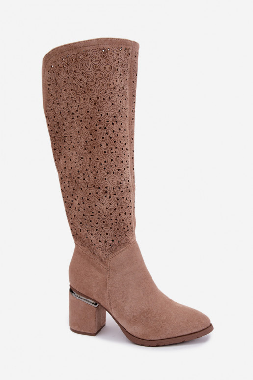 Su ažūro elementais ilgaauliai batai su kulniukais S.Barski HY62-8122 smėlio spalvos