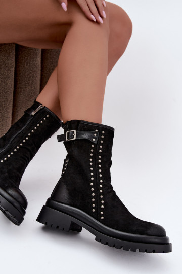 Pašiltinti moteriški dirbtinės zomšos aulinukai su sagtimis Tai turiciejka K7727-01 juodos spalvos
