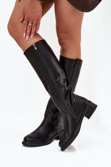 Moteriški ilgaauliai batai ant žemo kulno pašiltinti juodos spalvos Averna