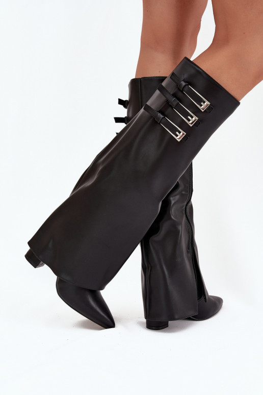 Moteriški ilgaauliai batai su kulniukais ir įnėriniu auliuku, juostelės su sagtimis juodos spalvos Nirisa