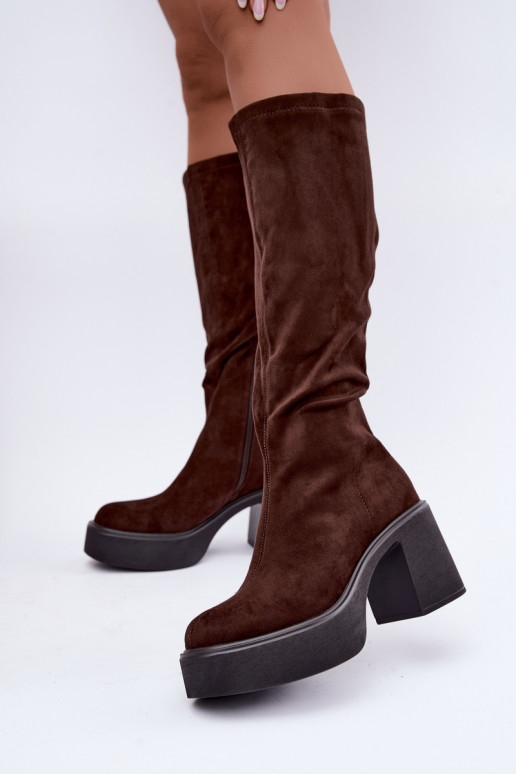 moteriški ilgaauliai batai su platforma šokoladinės spalvos Nesalie