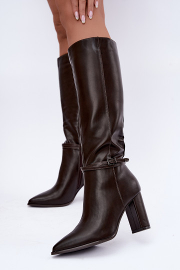 Pašiltinti ilgaauliai batai su kulniukais ir juostelėmis šokolado spalvos Abriselle