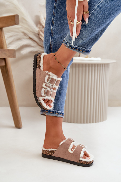 Moteriškas Šlepetės Šlepetės su sagtimis ir kailiuku smėlio spalvos Ezilena