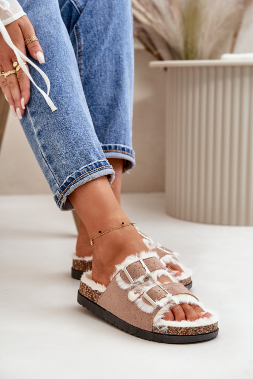 Moteriškas Šlepetės Šlepetės su sagtimis ir kailiuku smėlio spalvos Ezilena