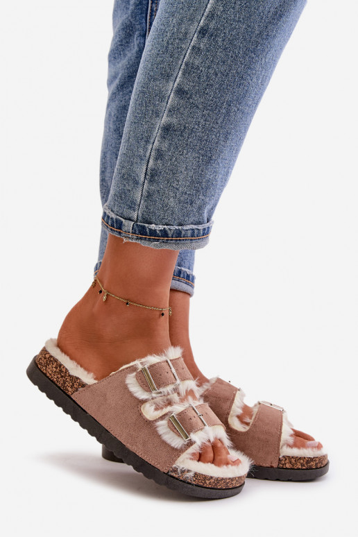 Moteriškas Šlepetės Šlepetės su sagtimis ir kailiuku smėlio spalvos Ezilena