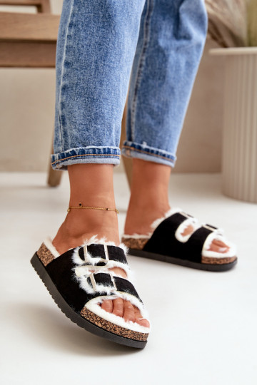 Moteriškas Šlepetės Šlepetės su sagtimis ir kailiuku juodos spalvos Ezilena