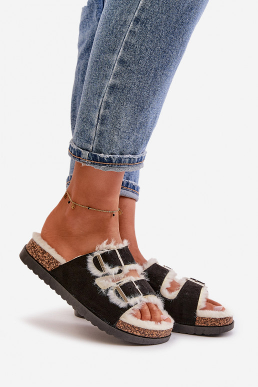 Moteriškas Šlepetės Šlepetės su sagtimis ir kailiuku juodos spalvos Ezilena