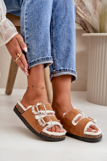 Moteriškas Šlepetės Šlepetės su sagtimis ir kailiuku rudos spalvos Ezilena