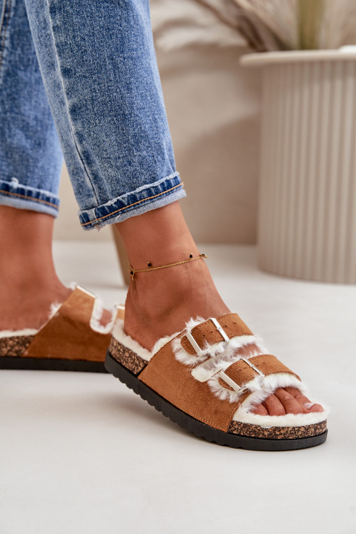 Moteriškas Šlepetės Šlepetės su sagtimis ir kailiuku rudos spalvos Ezilena