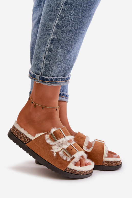 Moteriškas Šlepetės Šlepetės su sagtimis ir kailiuku rudos spalvos Ezilena