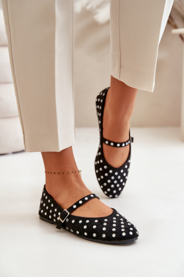 Dekoruotos Balerinos su dirželiais iš eko zomšosoĮe juodos spalvos Tirilissa