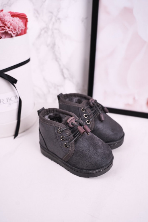 Vaikiški su raišteliais sniego batai su kailiuku pilkos spalvos Hunter Vaikiški su raišteliais sniego batai su kailiuku pilkos spalvos Hunter