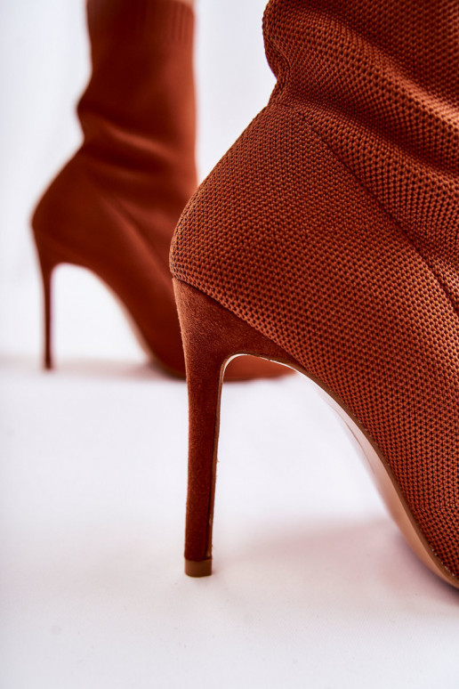 Aulinukai su kojinės tipo auliuku su plonais kulniukais rudos spalvos Luisell