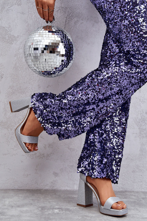 Blizgantys sandalai su plačiu kulnu sidabro spalvos Calmi