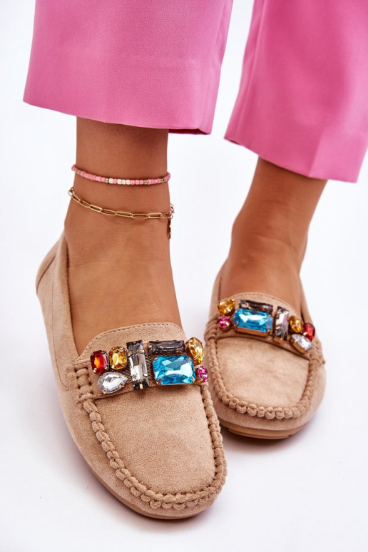 Elegantiški zomšiniai mokasinai su spindinčiomis akutėmis smėlio spalvos Lucille