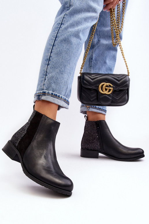 Aulinukai su plačiais kulniukais su blizgančiais žvyneliais juodos spalvos Messio