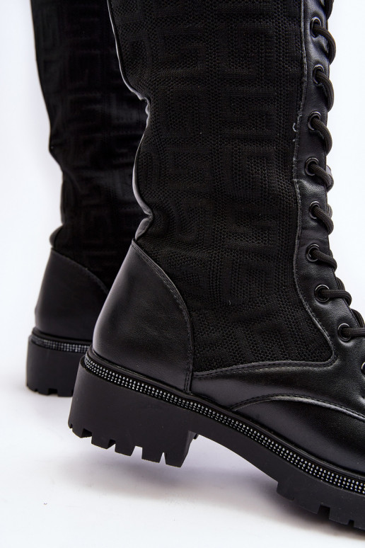 moteriški ilgaauliai batai su raišteliais su elastinga viršutine dalimi juodos spalvos Virxinia