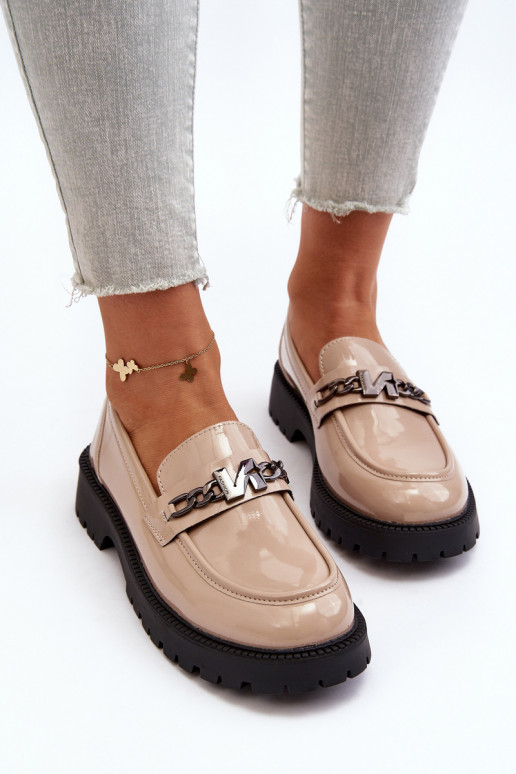 Mokasinai su lako efektu   su plačiais kulniukais smėlio spalvos Ezoma Mokasinai su lako efektu   su plačiais kulniukais smėlio spalvos Ezoma