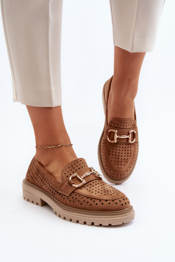 Moteriški mokasinai su ažūro elementais su ornamentais rudos spalvos Talesse