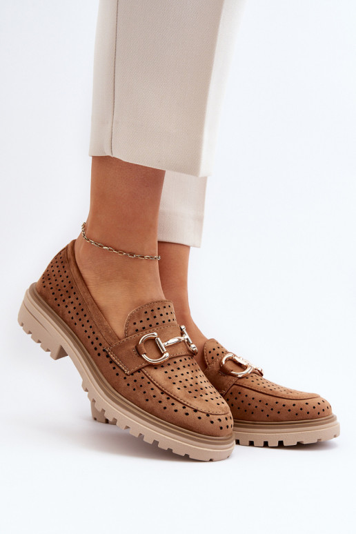 Moteriški mokasinai su ažūro elementais su ornamentais rudos spalvos Talesse