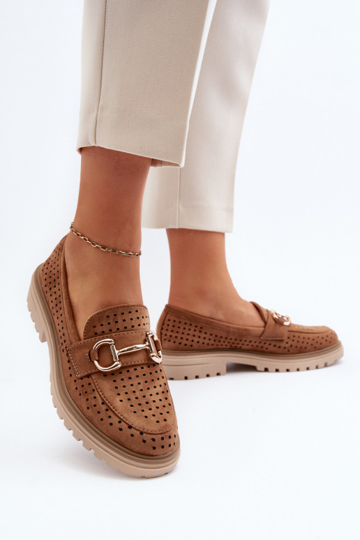 Moteriški mokasinai su ažūro elementais su ornamentais rudos spalvos Talesse