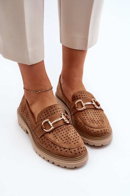 Moteriški mokasinai su ažūro elementais su ornamentais rudos spalvos Talesse