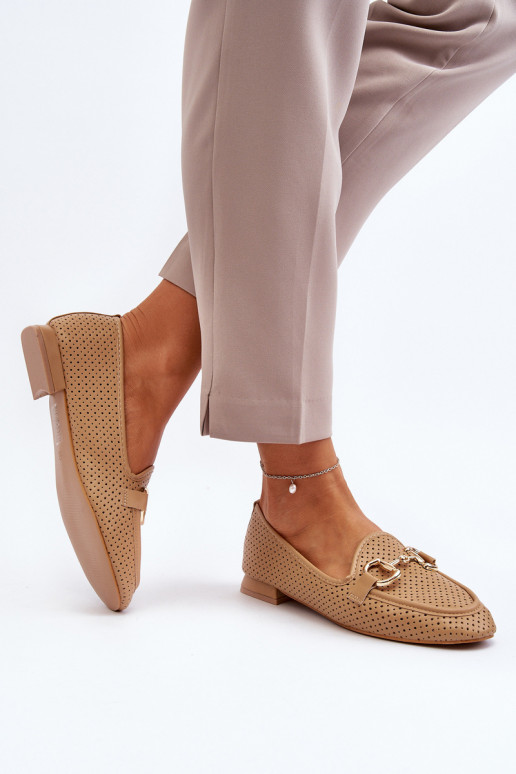 moteriški mokasinai su plačiais kulniukais su ornamentais rudos spalvos Iluvana