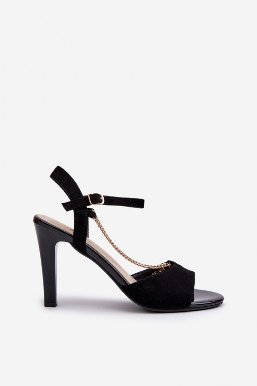 Moteriškos basutės su plonais kulniukais iš eko zomšosowe su grandinėlėmis Sergio Leone SK925 juodos spalvos Moteriškos basutės su plonais kulniukais iš eko zomšosowe su grandinėlėmis Sergio Leone SK925 juodos spalvos