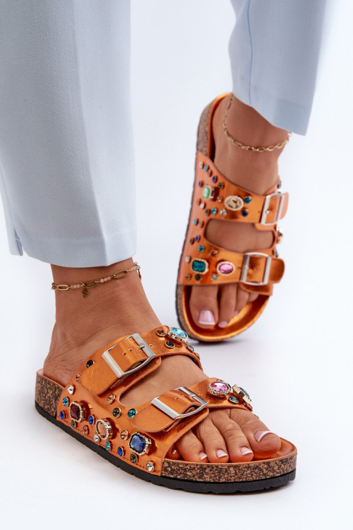 Dekoruotos Moteriškos šlepetės su sagtimis S.Barski MY121 oranžinės spalvos