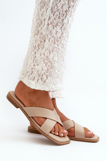 Moteriškos šlepetės su plačiais kulniukais iš eko odos S.Barski KV27-002 smėlio spalvos 2